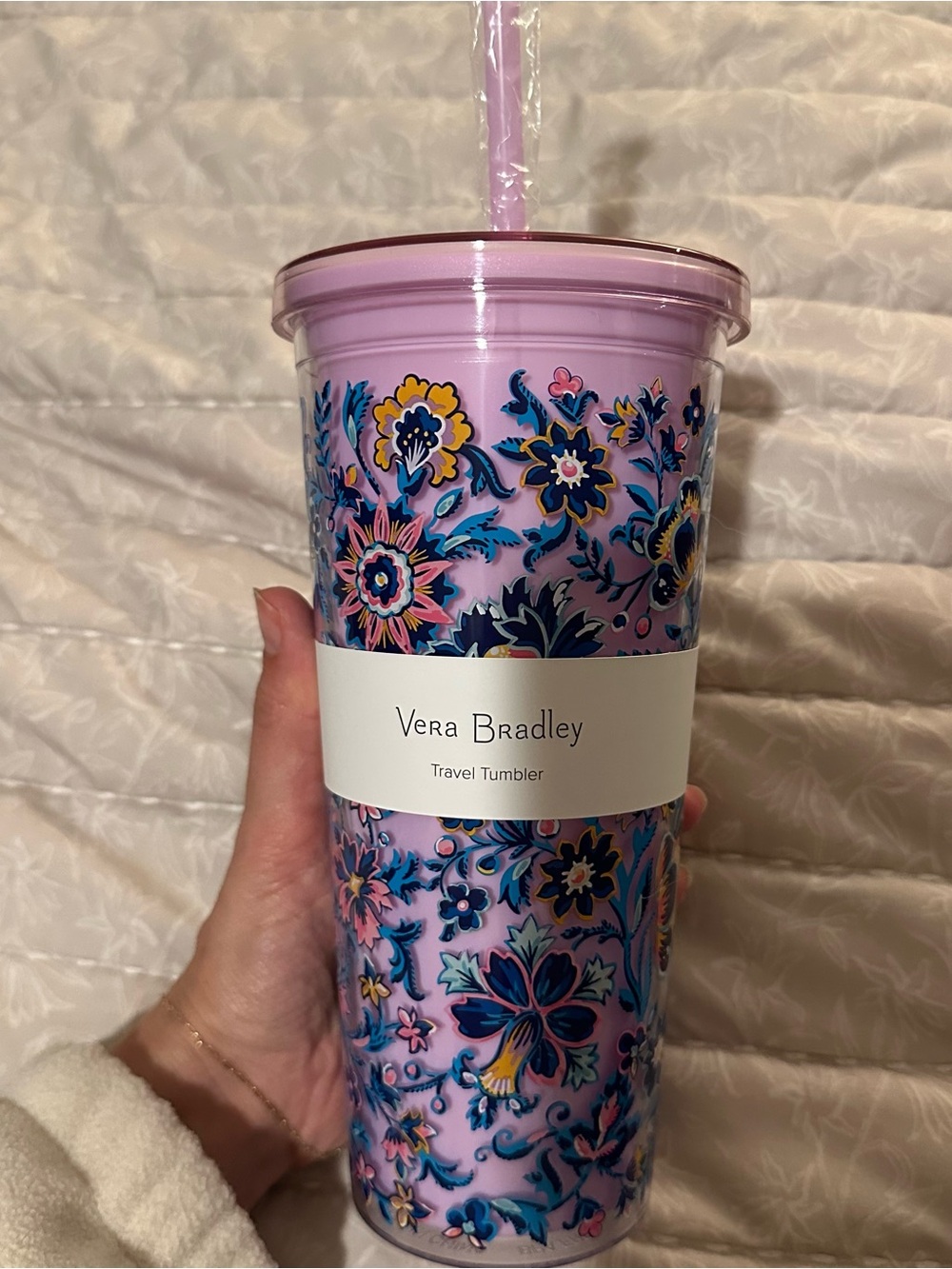 Vera Bradley Pink Floral Pattern Travel Tumbler with Straw